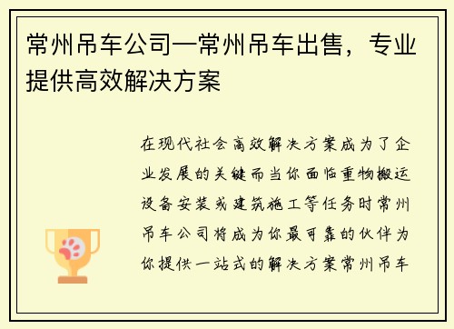 常州吊车公司—常州吊车出售，专业提供高效解决方案